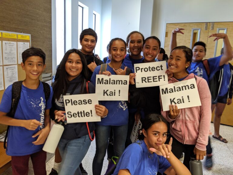 Lahaina Intermediate School students gather outside Council Chambers before testifying in support of settlement. GET Committee Chair Mike Molina said he was thrilled to see the level of participation from youth on this issue. Axel Beers/MauiTime