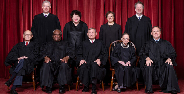 Supreme Court justices: Front row, left to right: Associate Justice Stephen Breyer, Associate Justice Clarence Thomas, Chief Justice John Roberts, Associate Justice Ruth Bader Ginsburg and Associate Justice Samuel Alito. Back row: Associate Justice Neil Gorsuch, Associate Justice Sonia Sotomayor, Associate Justice Elena Kagan and Associate Justice Brett Kavanaugh.Fred Schilling/Collection of the Supreme Court of the United States