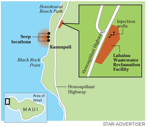 STAR-ADVERTISER Scientists added dye to treated sewage stored in waste water injection wells at the Lahaina Wastewater Reclamation Facility to determine that pollutants are reaching coastal waters.